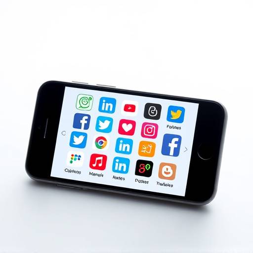 Billede af en mobiltelefon med forskellige sociale medier ikoner.