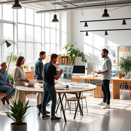 Et moderne og inspirerende designstudio med kreative medarbejdere i aktion.